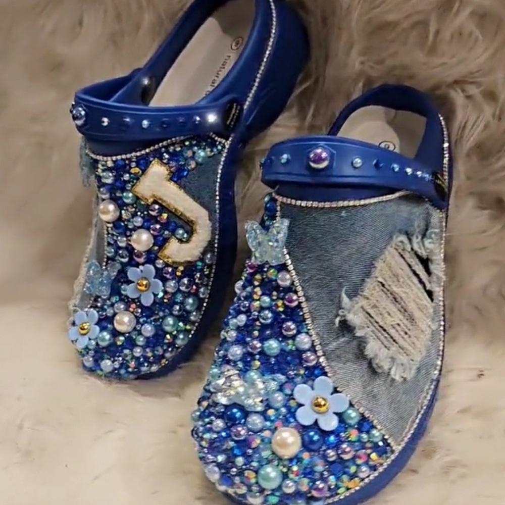 Embellished Blue Denim Clogs
